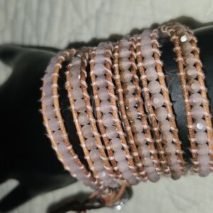 Beaded Rose Quartz wax leather Wrap Bracelet